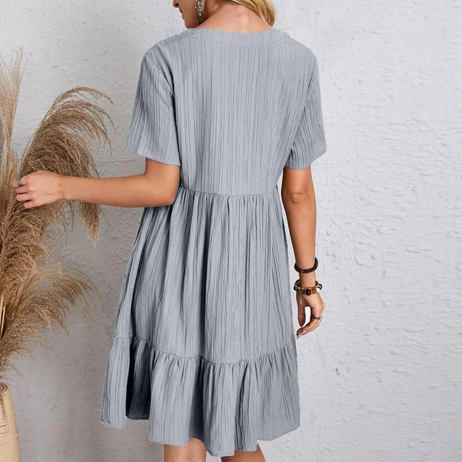 hlysgo Flowy Dresses for Women 2025 Summer Short Sleeve V Neck Beach Mini Dress Ladies Ruffled Hem Knee Length Casual Dress