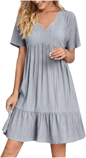 hlysgo Flowy Dresses for Women 2025 Summer Short Sleeve V Neck Beach Mini Dress Ladies Ruffled Hem Knee Length Casual Dress