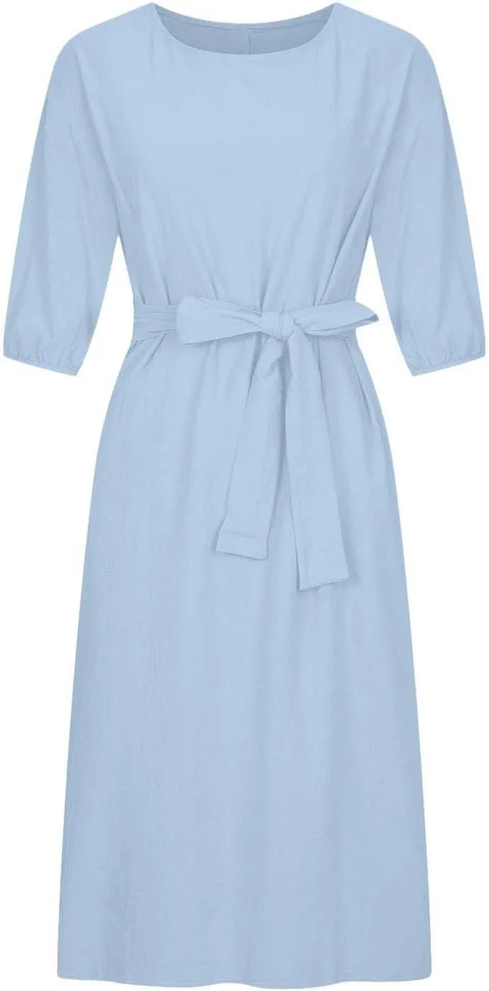 Holiday Dresses for Women 2025 Plus Size Half Sleeve Crew Neck Midi Dress Summer Tie-Belt Cotton Linen Casual Dress