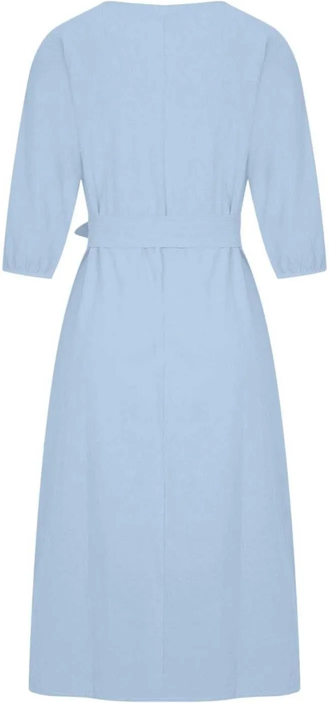 Holiday Dresses for Women 2025 Plus Size Half Sleeve Crew Neck Midi Dress Summer Tie-Belt Cotton Linen Casual Dress