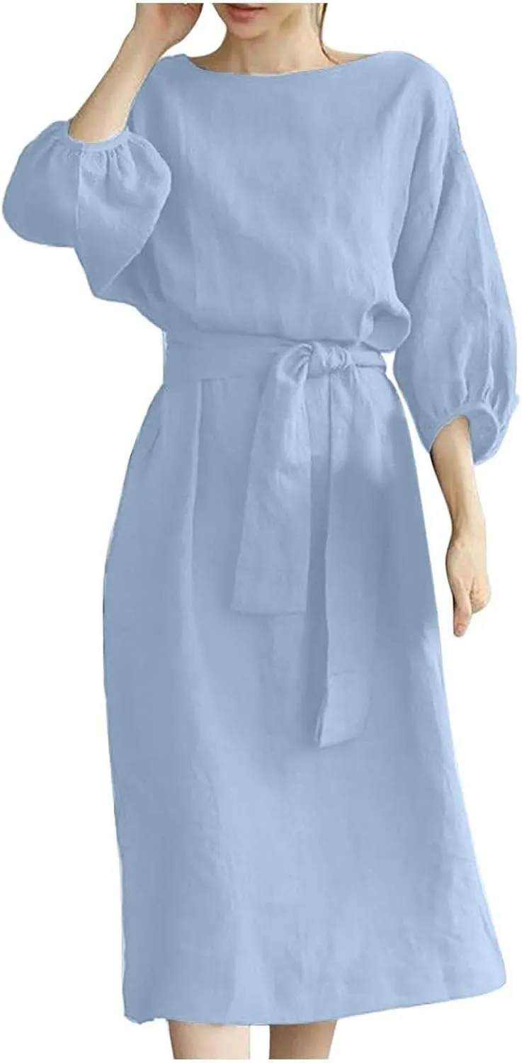 Holiday Dresses for Women 2025 Plus Size Half Sleeve Crew Neck Midi Dress Summer Tie-Belt Cotton Linen Casual Dress