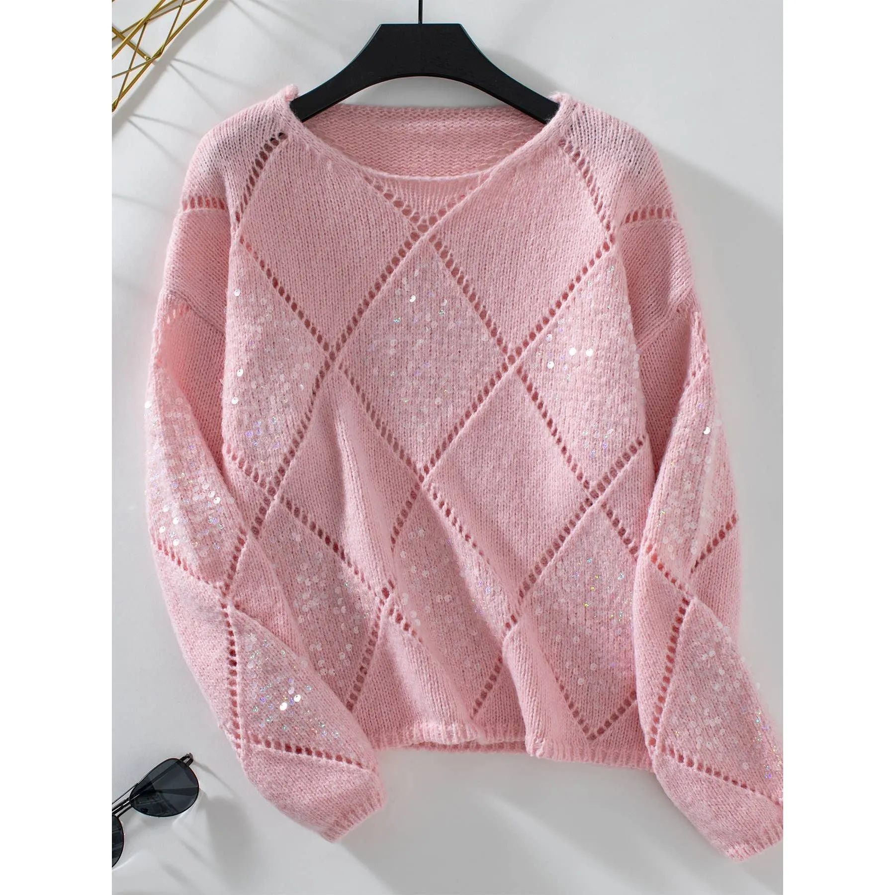 HOLLOWED-OUT SEQUIN PULLOVER SWEATER: BLUE / (XL) 1
