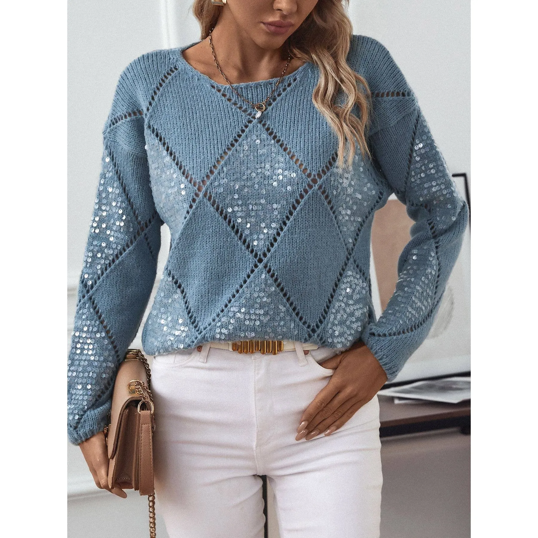 HOLLOWED-OUT SEQUIN PULLOVER SWEATER: BLUE / (XL) 1
