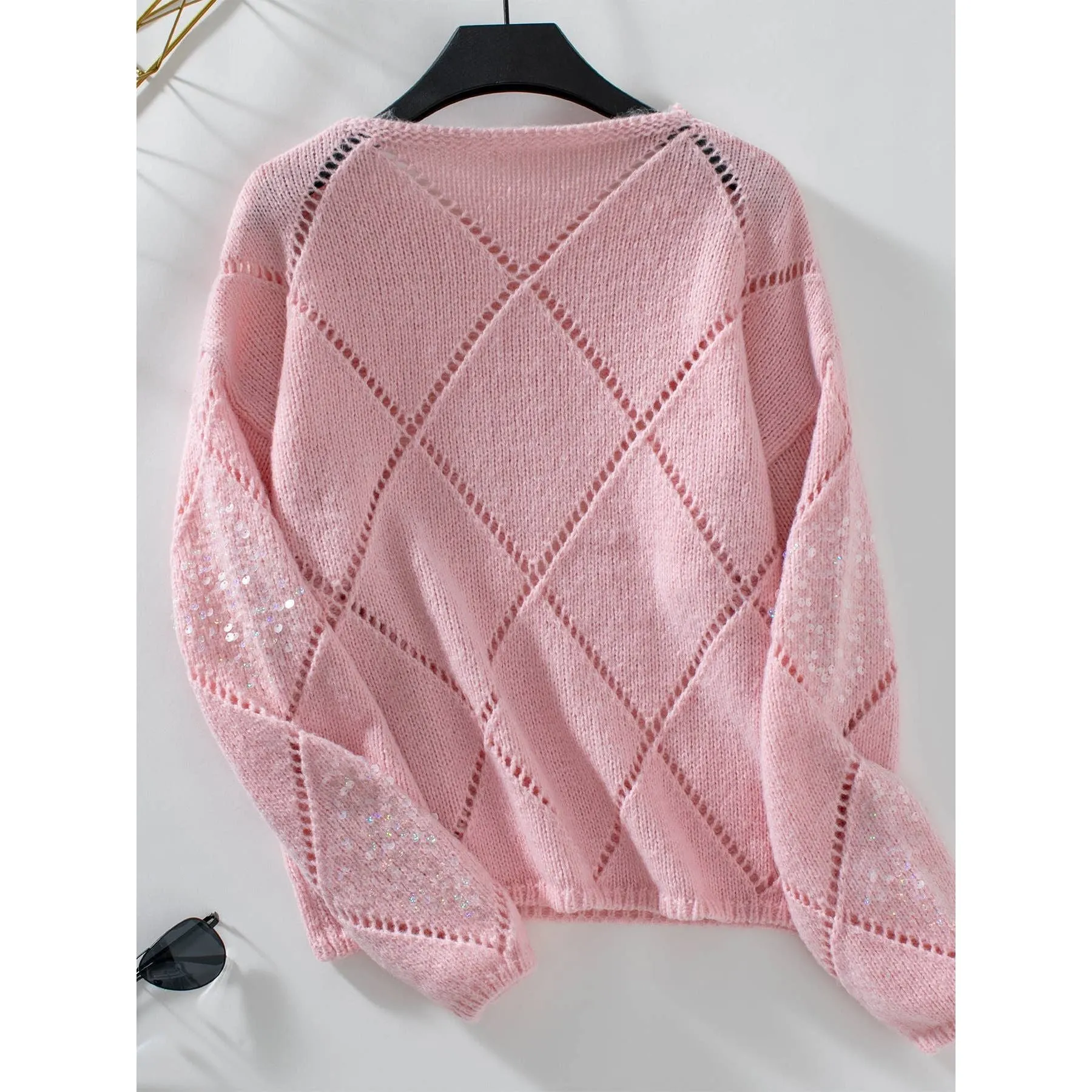 HOLLOWED-OUT SEQUIN PULLOVER SWEATER: BLUE / (XL) 1