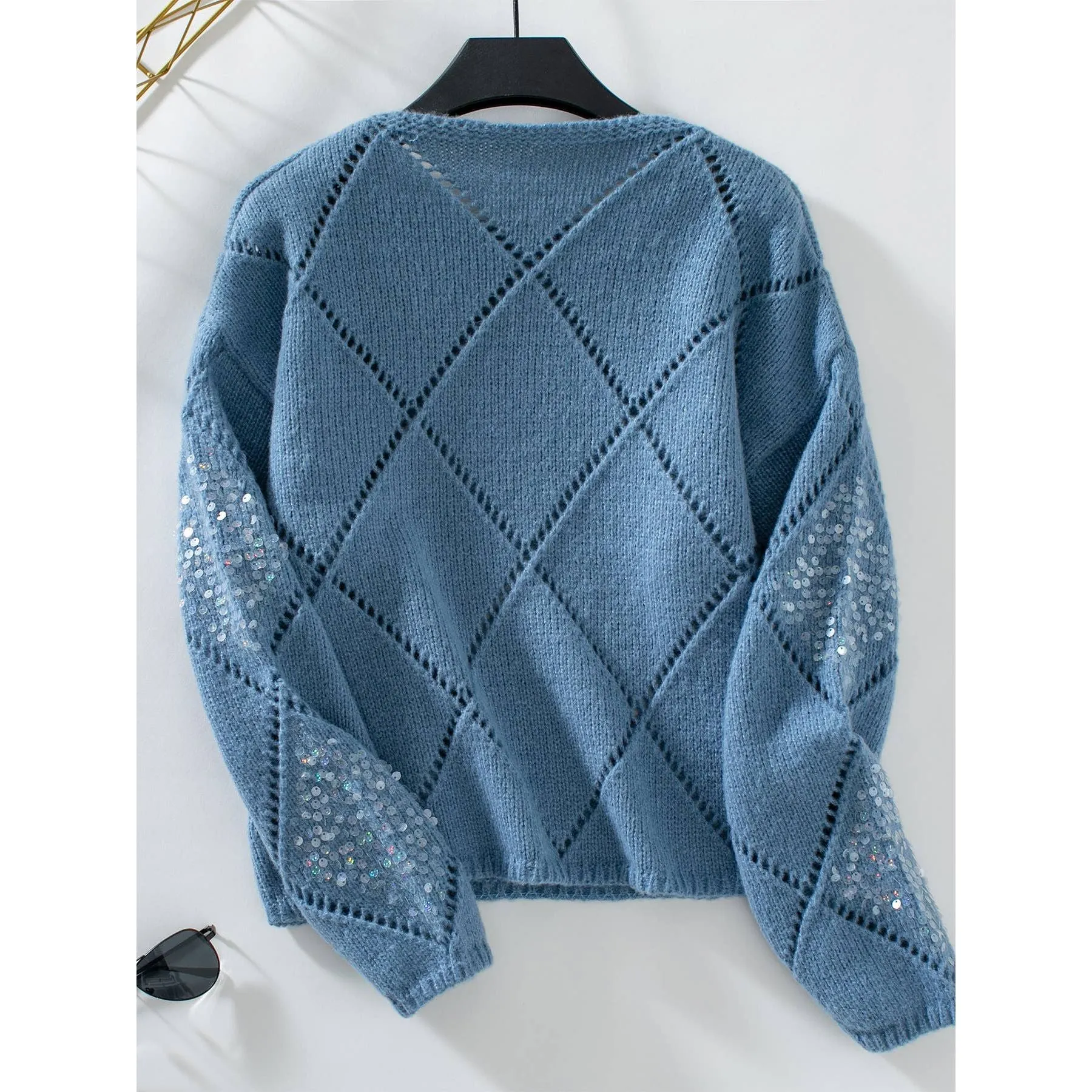 HOLLOWED-OUT SEQUIN PULLOVER SWEATER: BLUE / (XL) 1