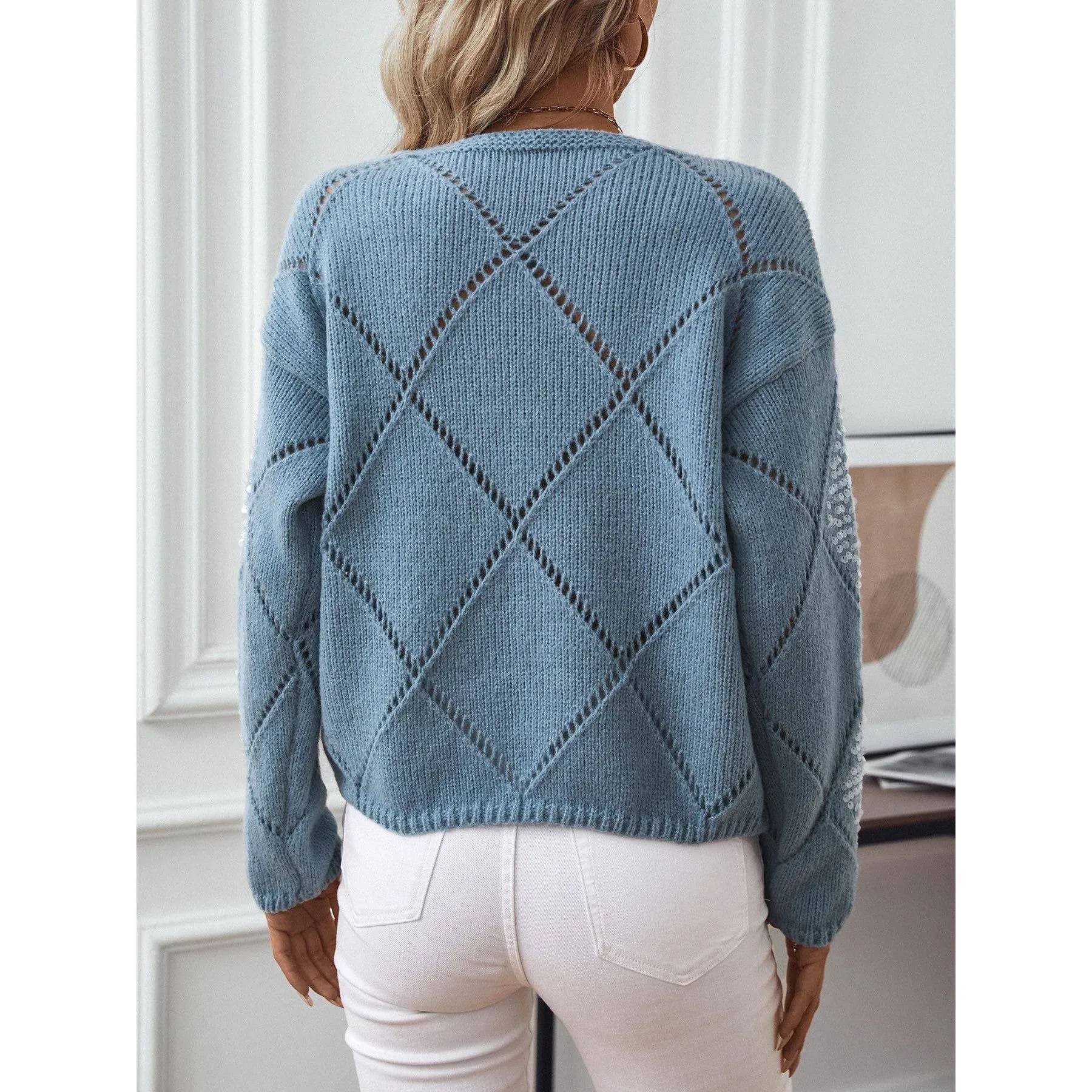 HOLLOWED-OUT SEQUIN PULLOVER SWEATER: BLUE / (XL) 1
