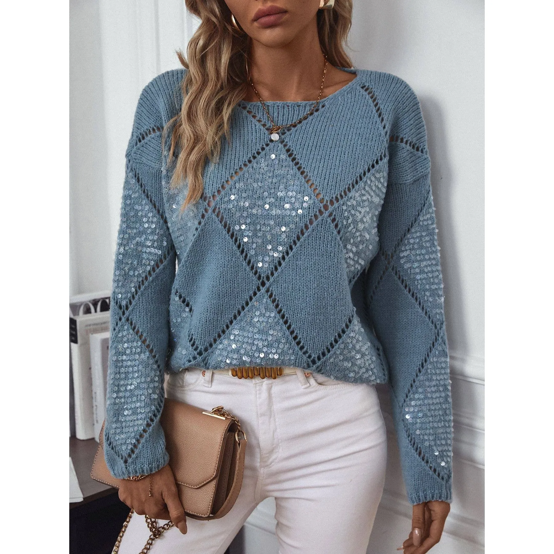 HOLLOWED-OUT SEQUIN PULLOVER SWEATER: BLUE / (XL) 1
