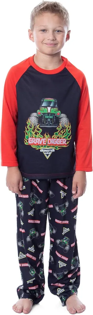 INTIMO Monster Jam Boys' Grave Digger Raglan Sleep Pajama Set Shirt Pants