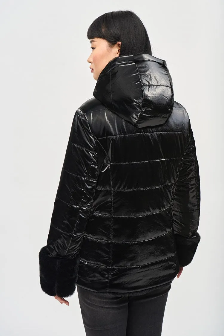 Joseph Ribkoff Black Reversible Faux Fur Puffer Coat with Hood