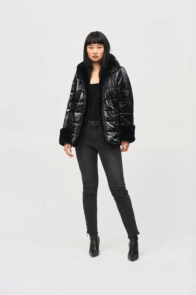 Joseph Ribkoff Black Reversible Faux Fur Puffer Coat with Hood