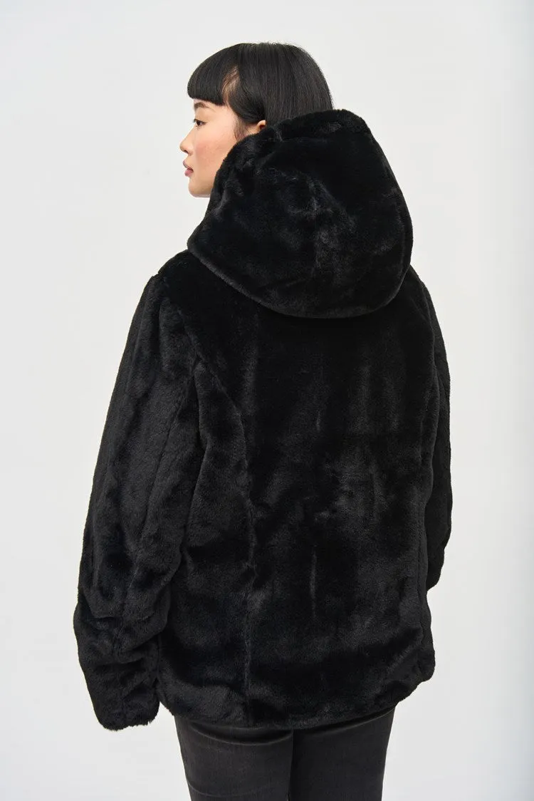 Joseph Ribkoff Black Reversible Faux Fur Puffer Coat with Hood