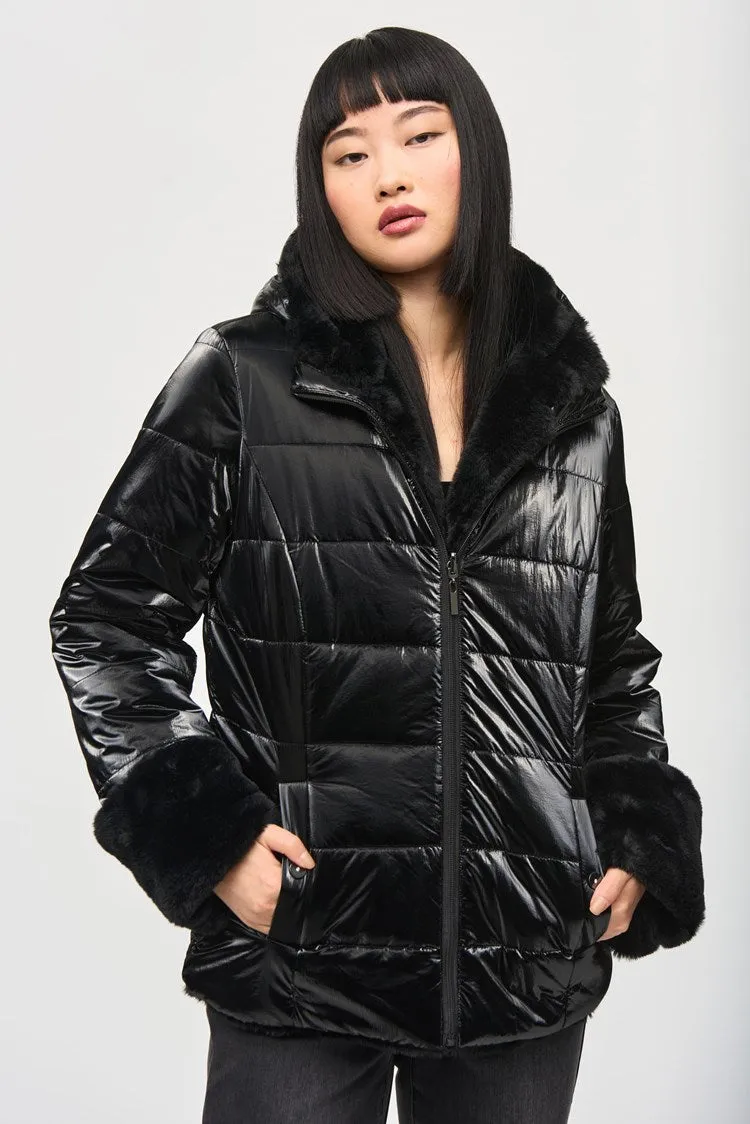 Joseph Ribkoff Black Reversible Faux Fur Puffer Coat with Hood