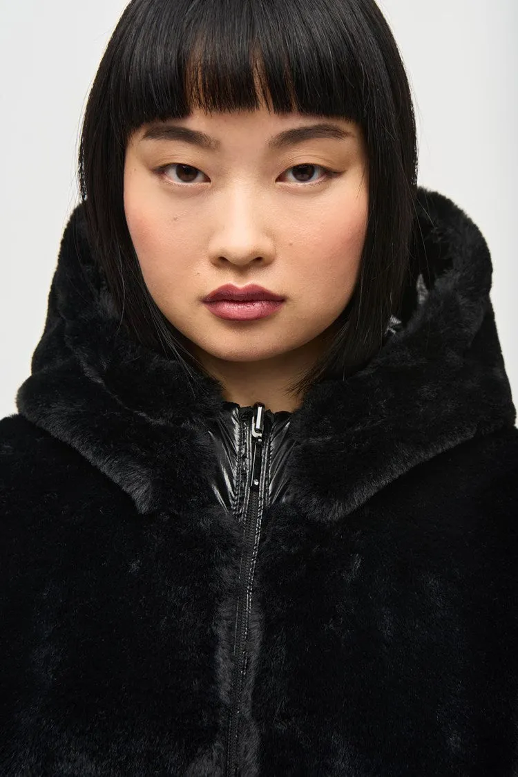 Joseph Ribkoff Black Reversible Faux Fur Puffer Coat with Hood