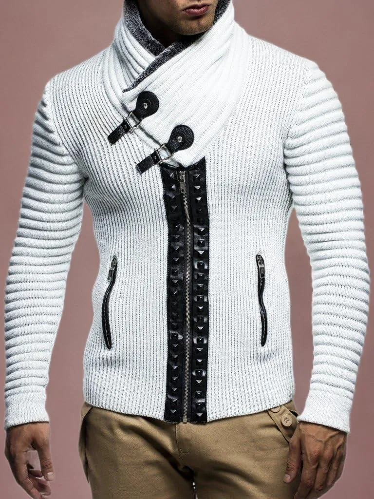 Leif Nelon LN5165 Men's Cardigan with Stud Details and Zip Front