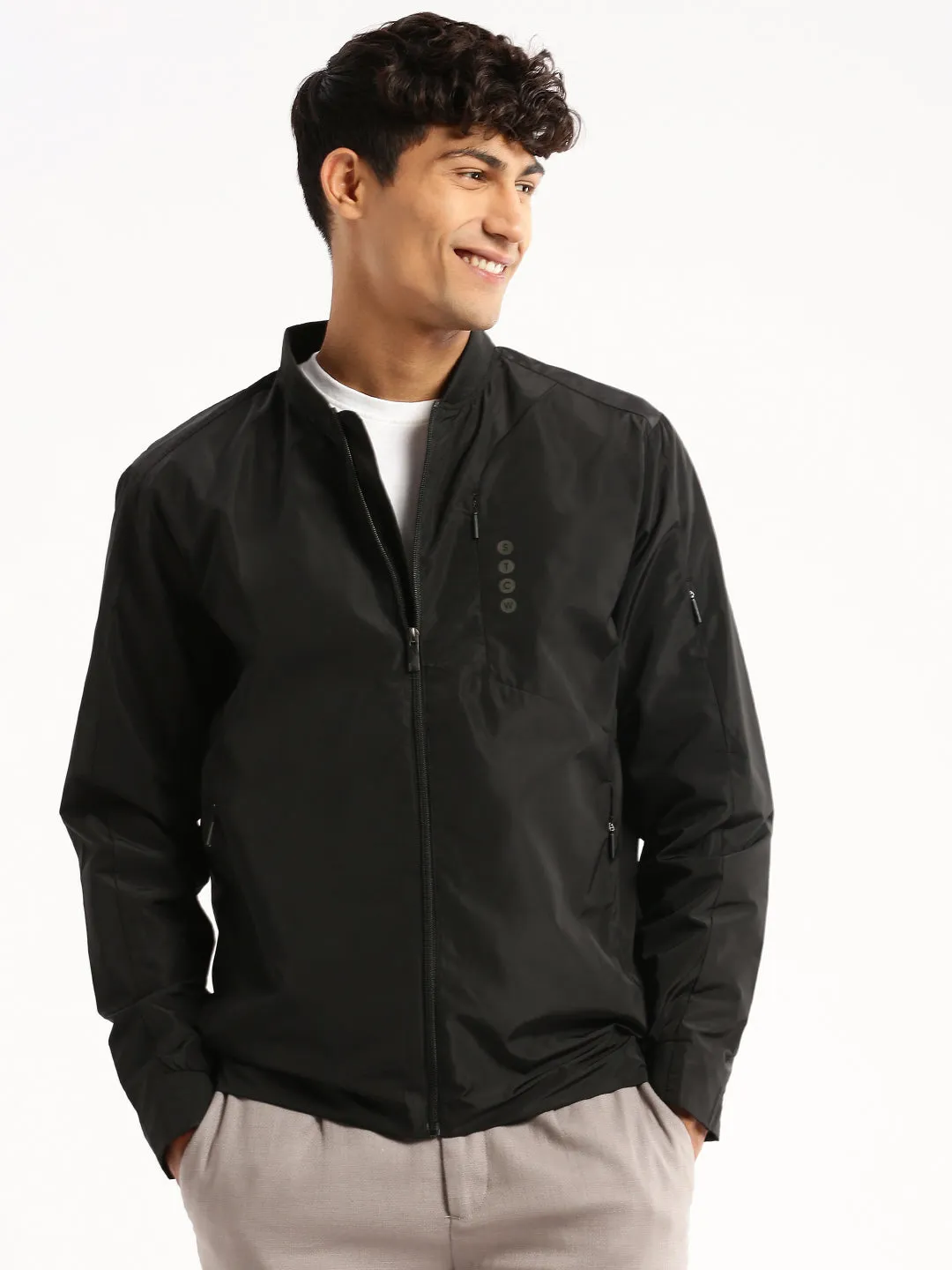 Men Black Stand Collar Taslon Slim Fit Bomber Jacket