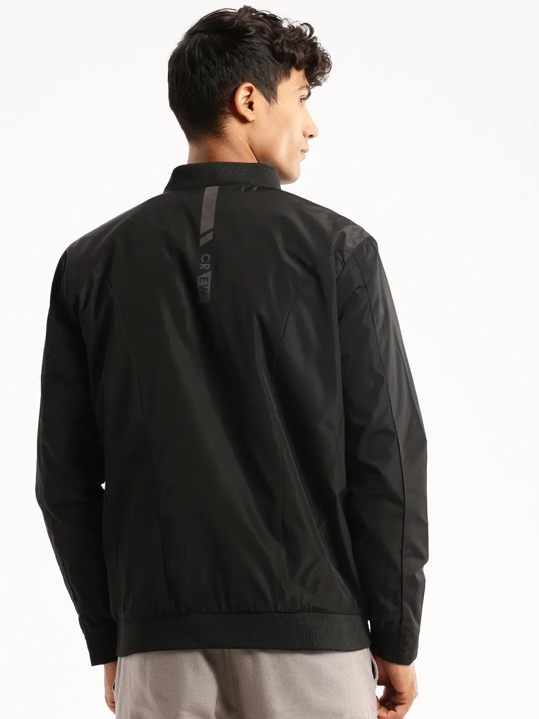 Men Black Stand Collar Taslon Slim Fit Bomber Jacket