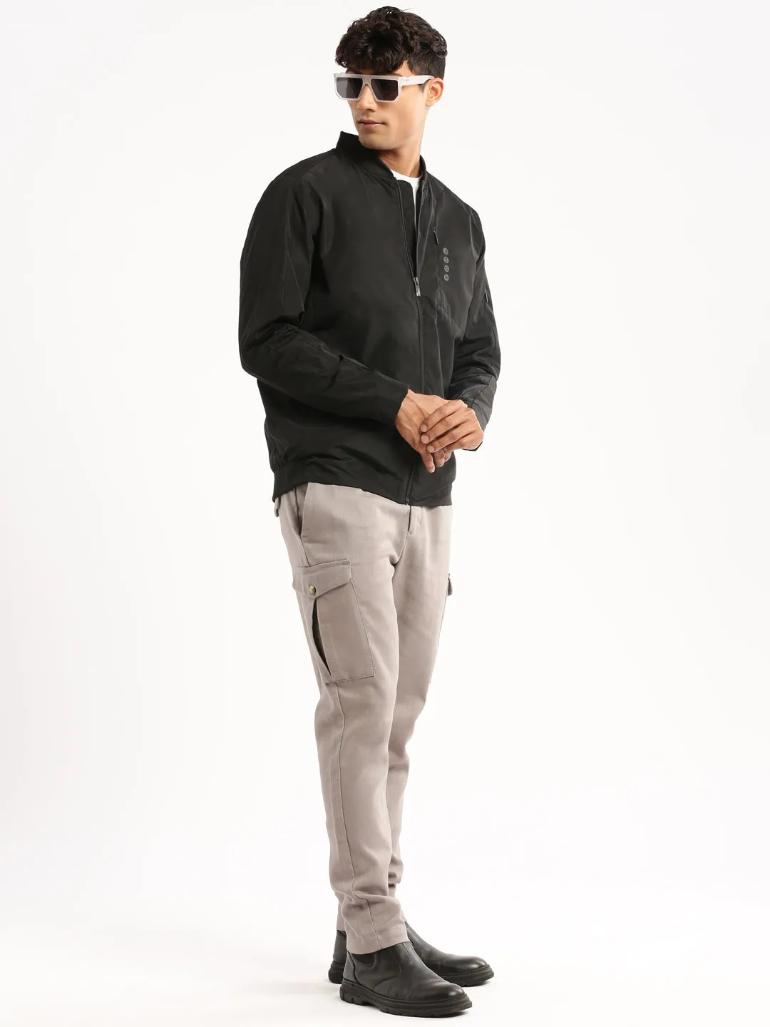 Men Black Stand Collar Taslon Slim Fit Bomber Jacket