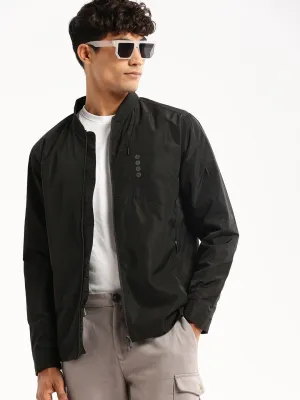 Men Black Stand Collar Taslon Slim Fit Bomber Jacket
