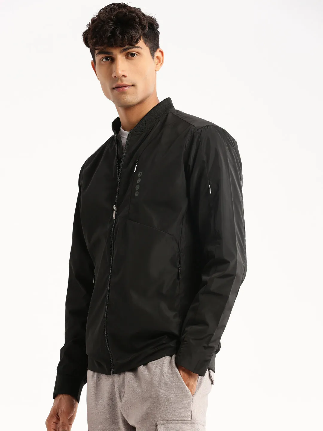 Men Black Stand Collar Taslon Slim Fit Bomber Jacket