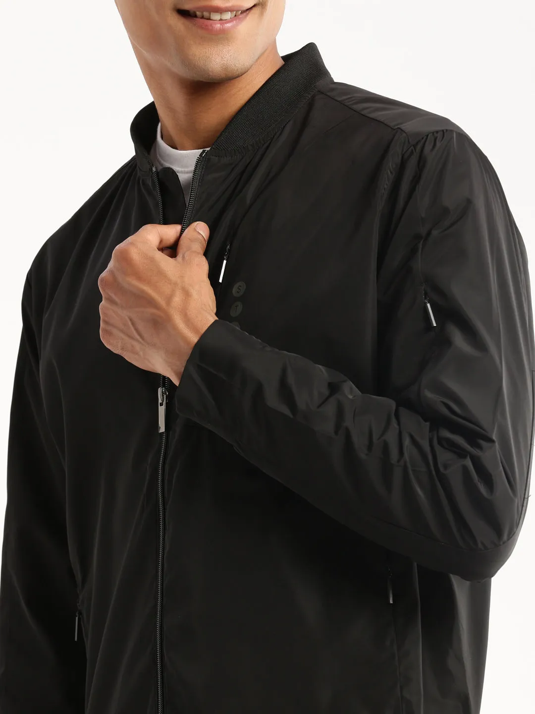 Men Black Stand Collar Taslon Slim Fit Bomber Jacket