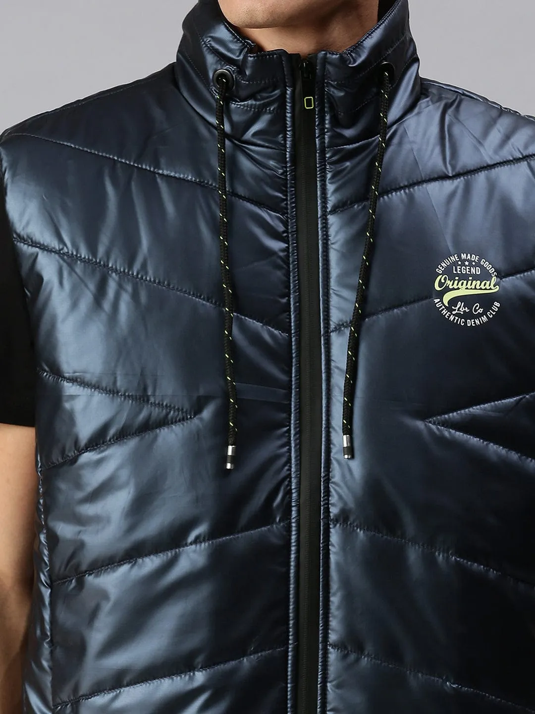 Men Blue Lightweight Bomber with Patchwork Jacket