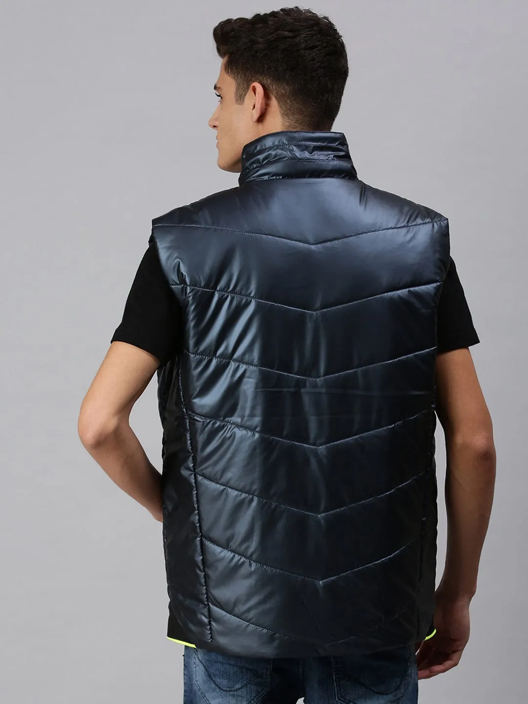 Men Blue Lightweight Bomber with Patchwork Jacket