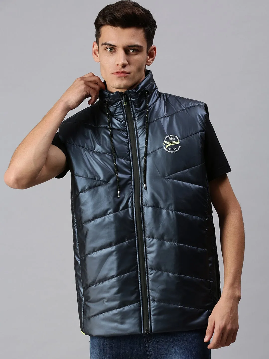 Men Blue Lightweight Bomber with Patchwork Jacket
