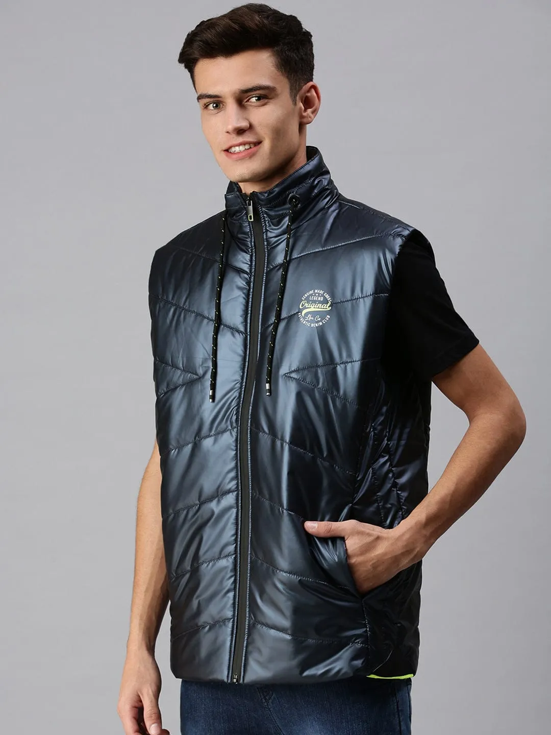 Men Blue Lightweight Bomber with Patchwork Jacket