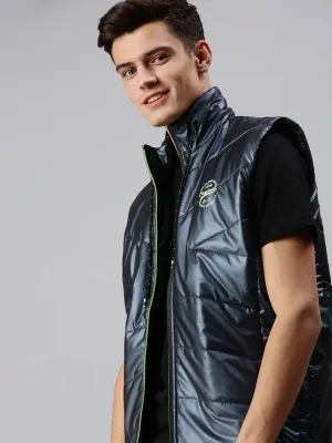 Men Blue Lightweight Bomber with Patchwork Jacket