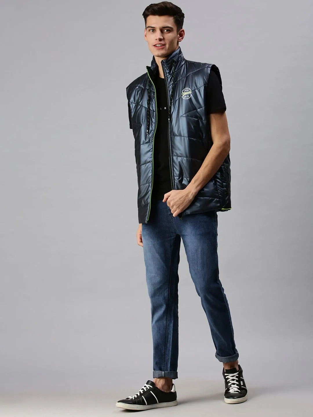 Men Blue Lightweight Bomber with Patchwork Jacket