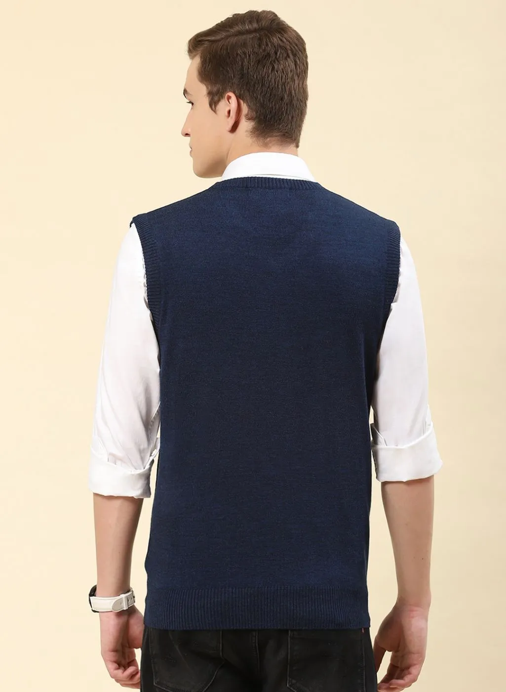 Men NAvy Blue Solid Blend wool Sweater