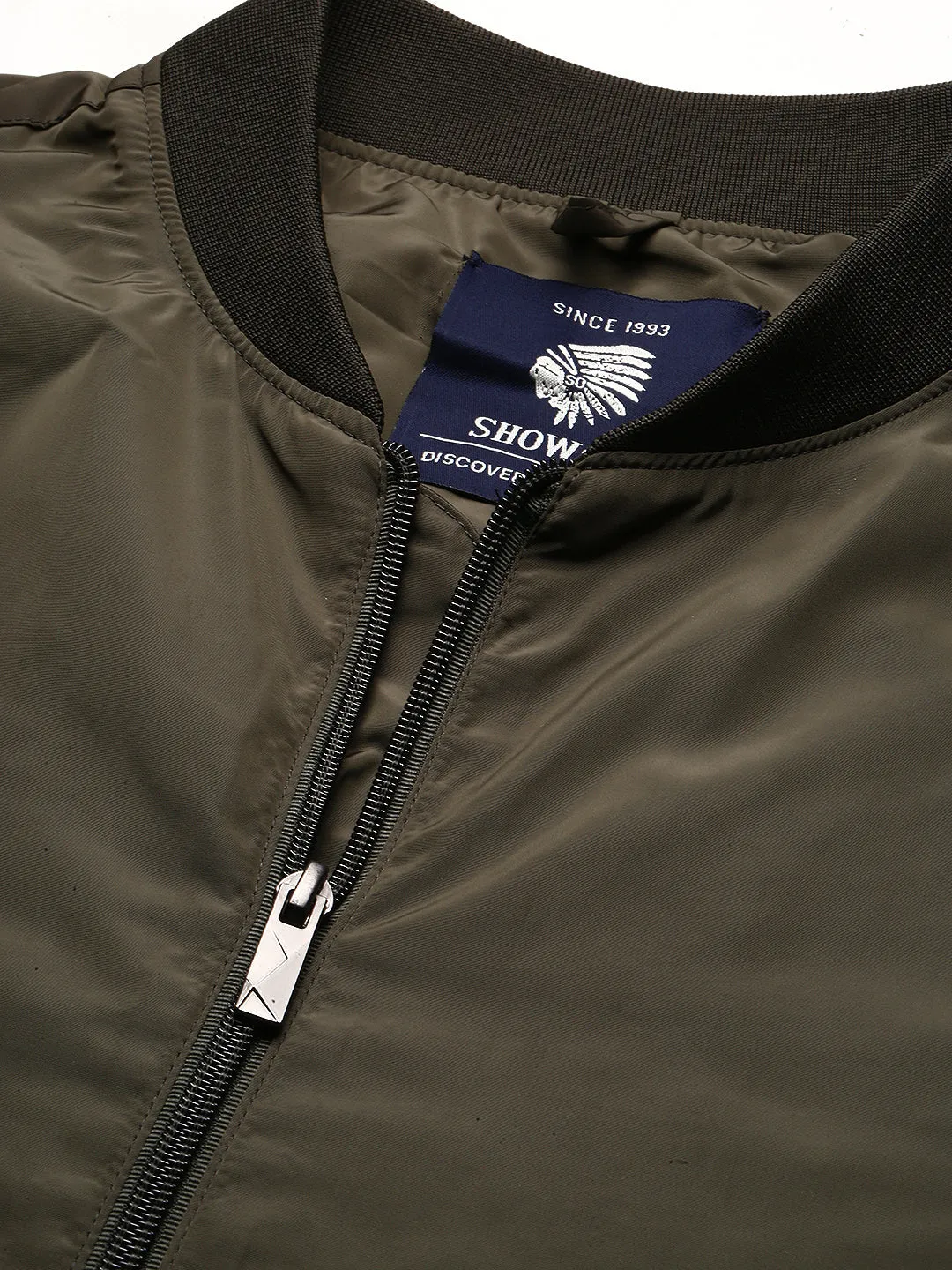 Men Olive Stand Collar Slim Fit Bomber Jacket