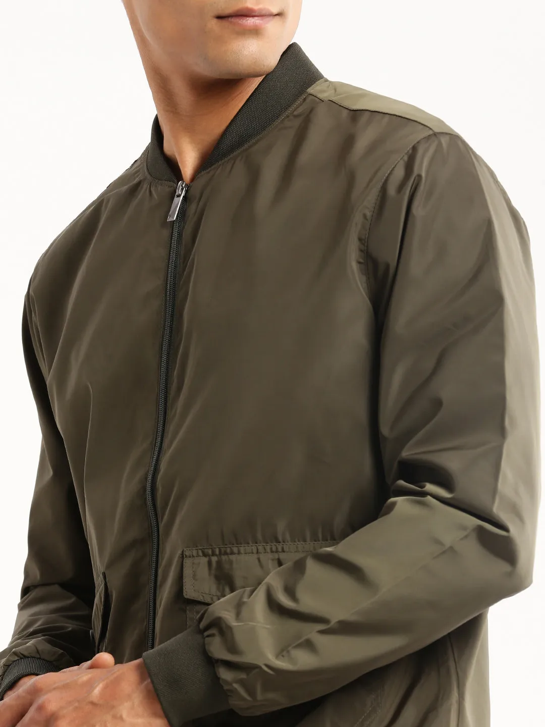 Men Olive Stand Collar Slim Fit Bomber Jacket