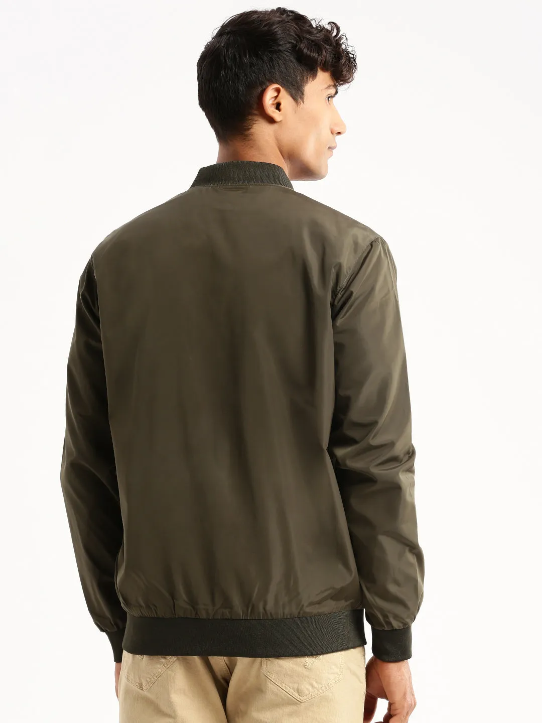 Men Olive Stand Collar Slim Fit Bomber Jacket