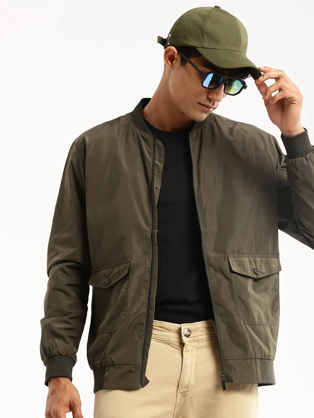 Men Olive Stand Collar Slim Fit Bomber Jacket
