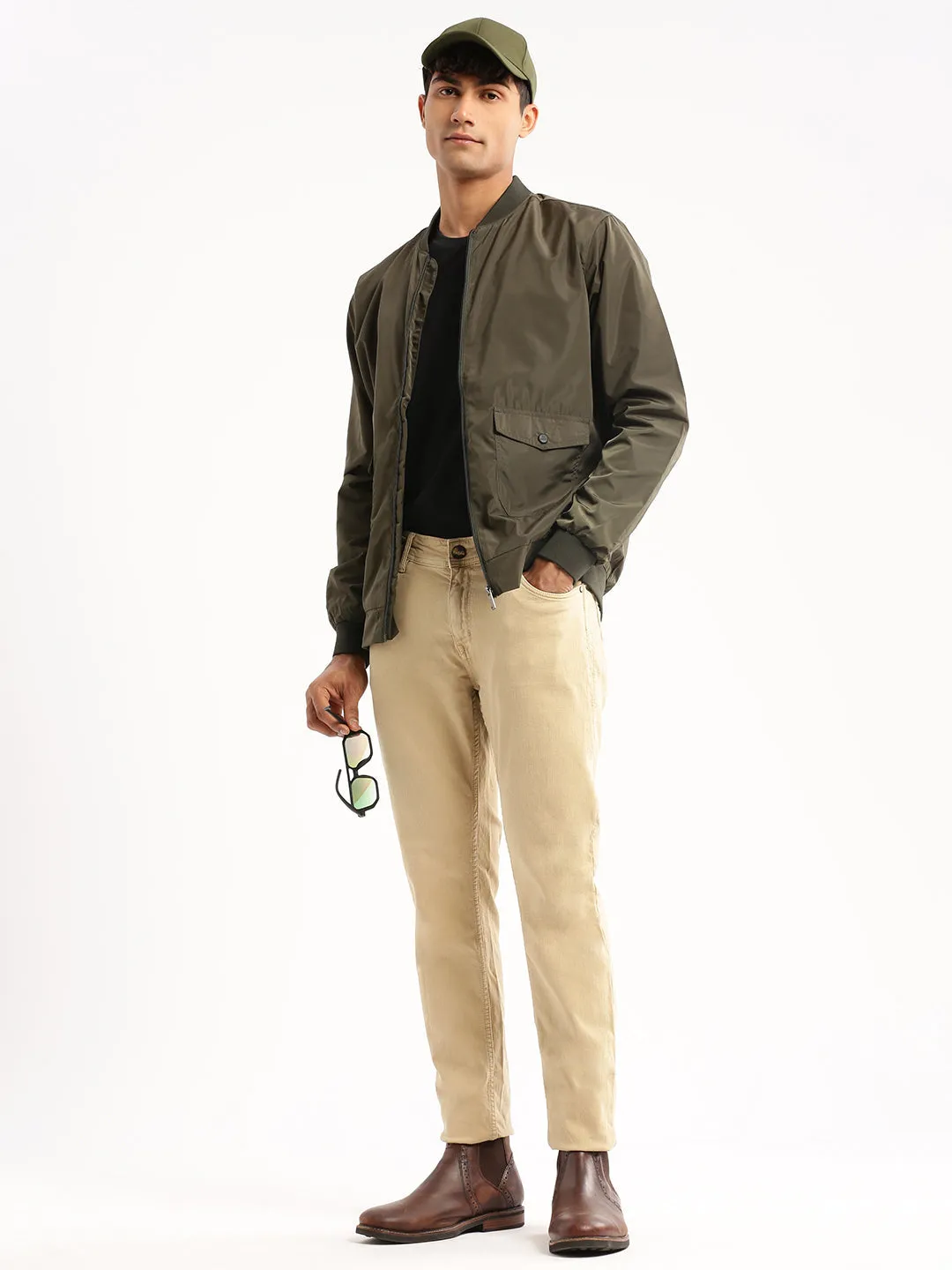 Men Olive Stand Collar Slim Fit Bomber Jacket
