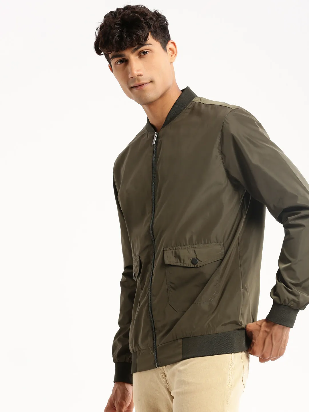 Men Olive Stand Collar Slim Fit Bomber Jacket