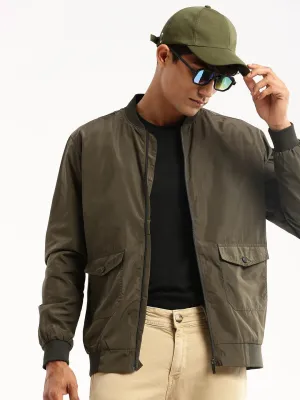 Men Olive Stand Collar Slim Fit Bomber Jacket
