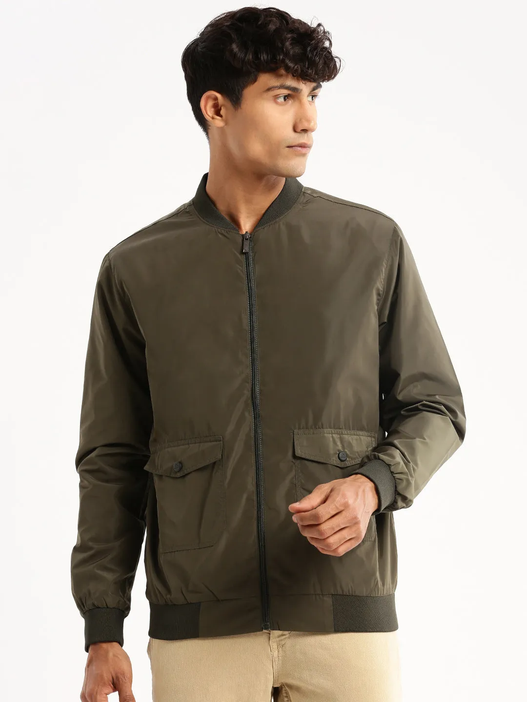 Men Olive Stand Collar Slim Fit Bomber Jacket