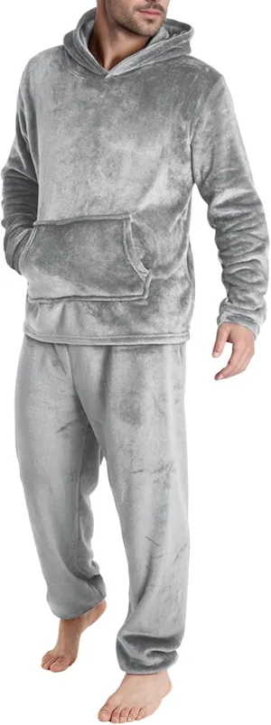 Men Pajama Set 2Pc Fleece Lounge Pants Hooded Long Sleeve Sleepwear Fuzzy Soft Pjs Set Loungewear with Pockets