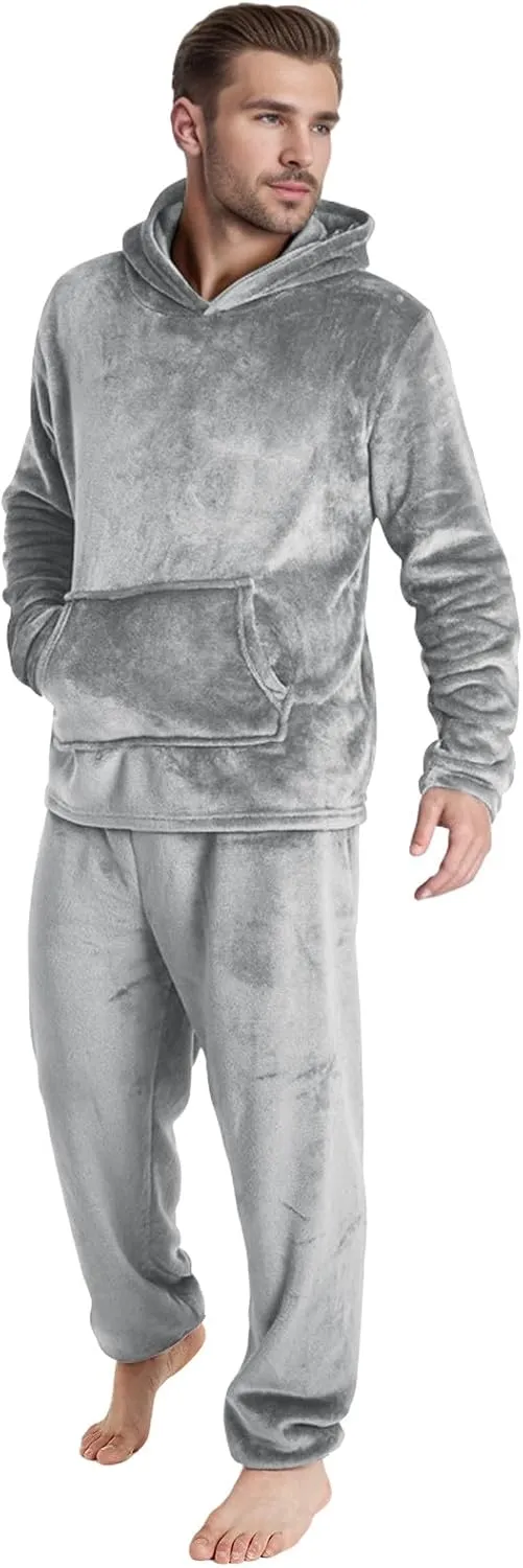 Men Pajama Set 2Pc Fleece Lounge Pants Hooded Long Sleeve Sleepwear Fuzzy Soft Pjs Set Loungewear with Pockets