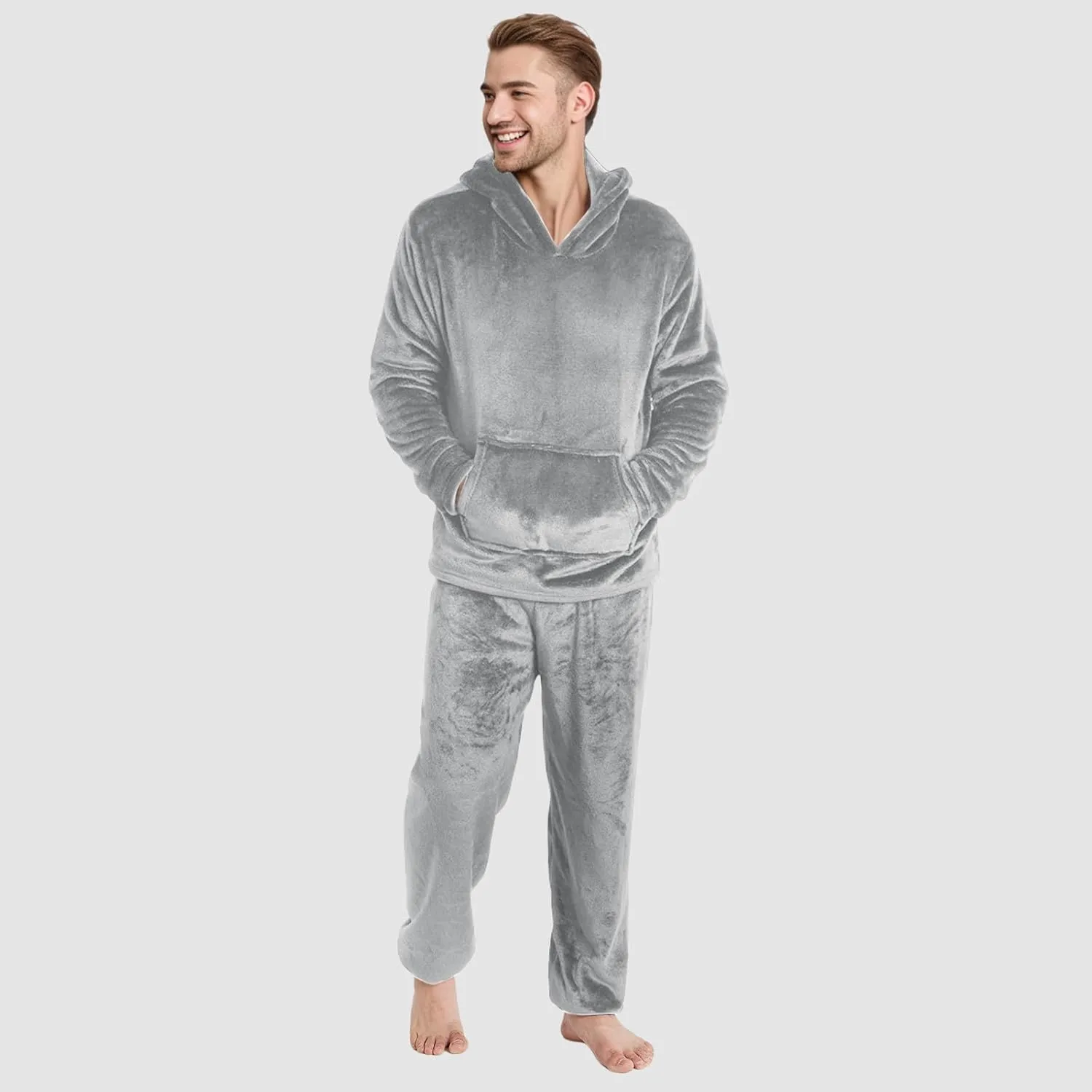 Men Pajama Set 2Pc Fleece Lounge Pants Hooded Long Sleeve Sleepwear Fuzzy Soft Pjs Set Loungewear with Pockets