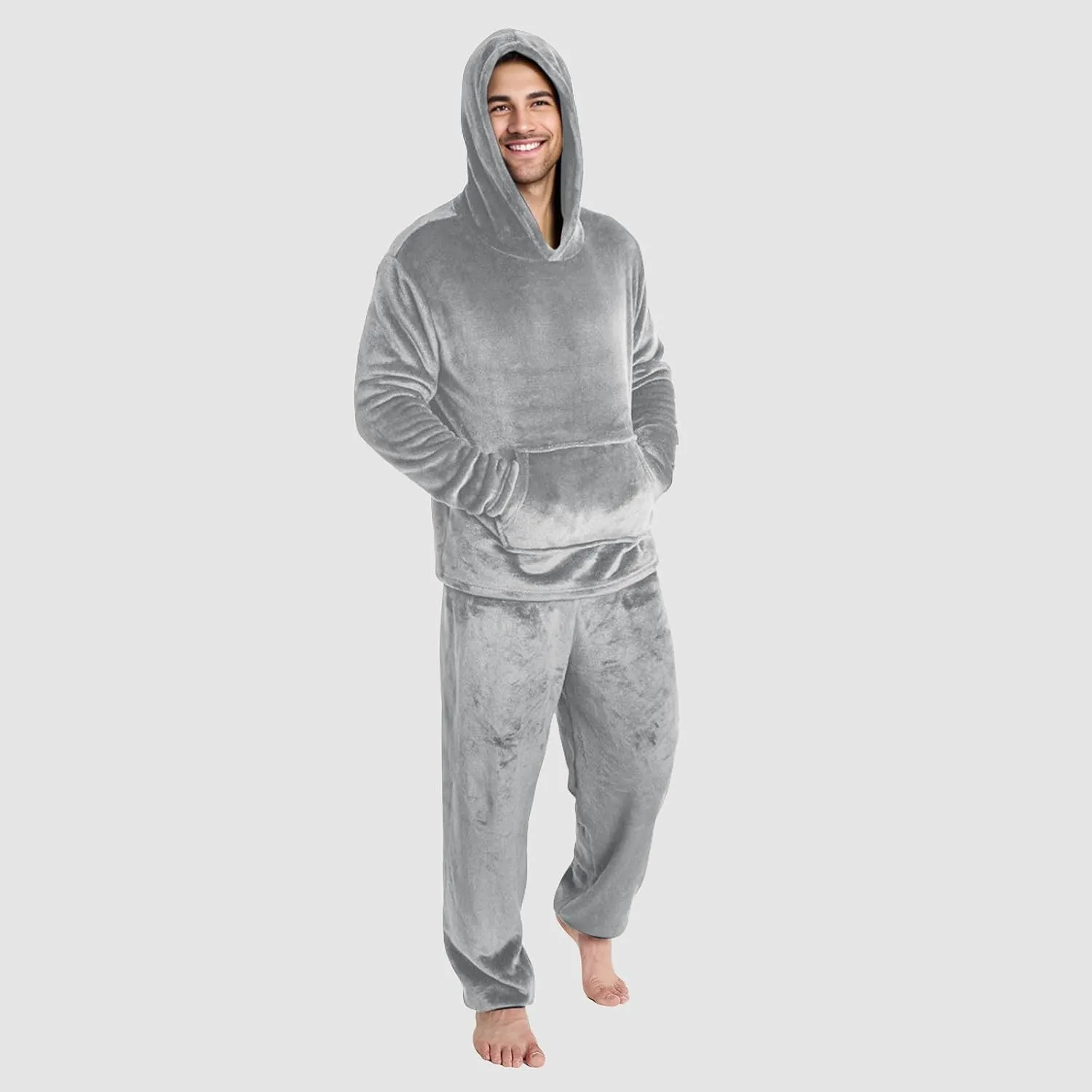 Men Pajama Set 2Pc Fleece Lounge Pants Hooded Long Sleeve Sleepwear Fuzzy Soft Pjs Set Loungewear with Pockets
