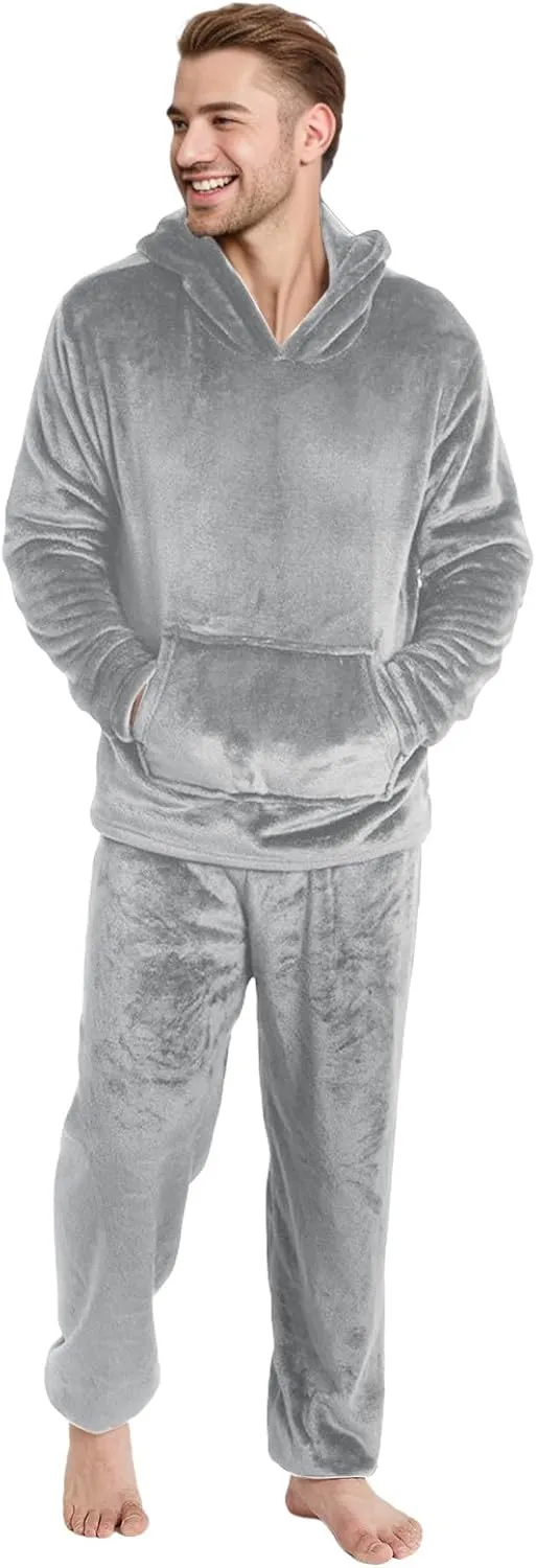 Men Pajama Set 2Pc Fleece Lounge Pants Hooded Long Sleeve Sleepwear Fuzzy Soft Pjs Set Loungewear with Pockets