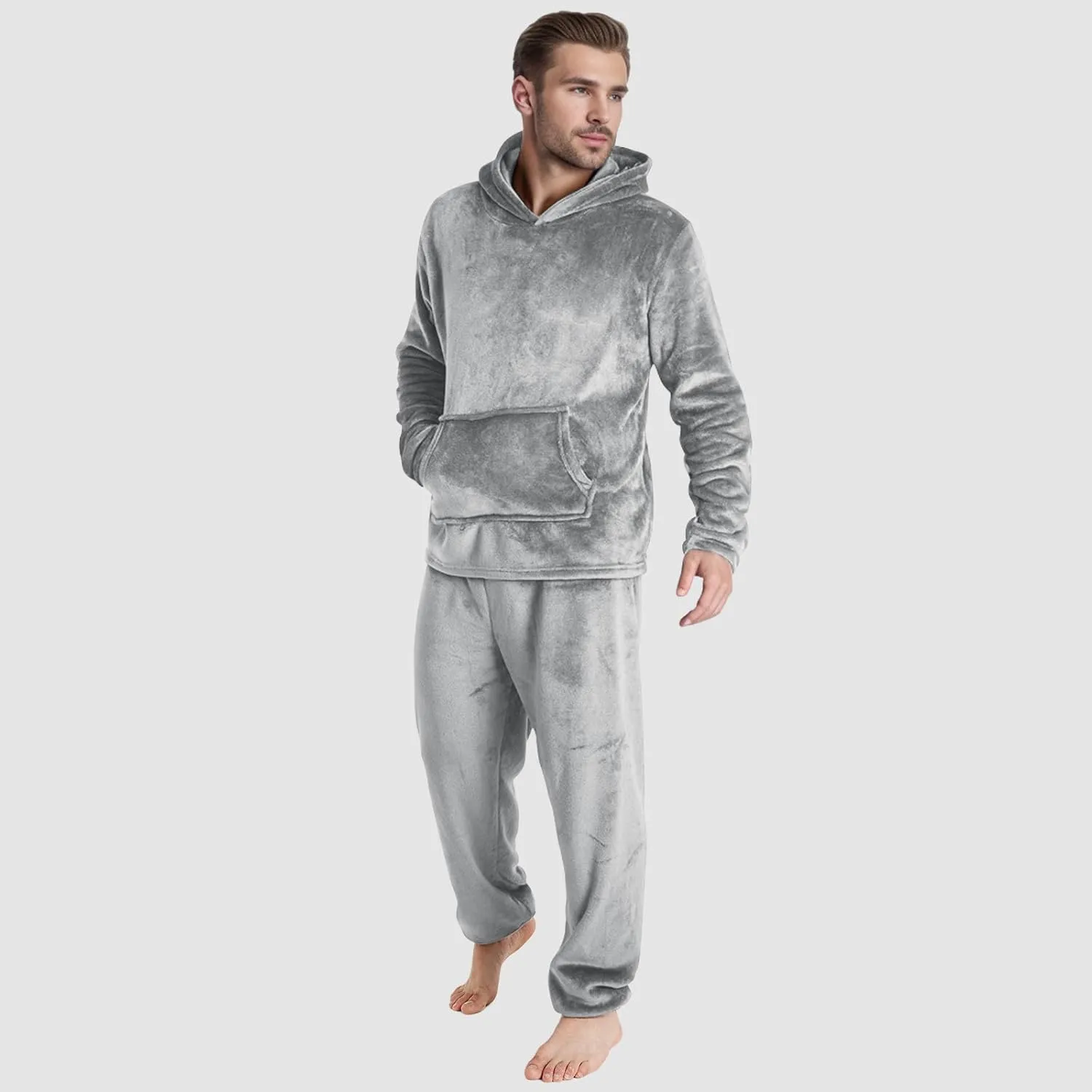 Men Pajama Set 2Pc Fleece Lounge Pants Hooded Long Sleeve Sleepwear Fuzzy Soft Pjs Set Loungewear with Pockets