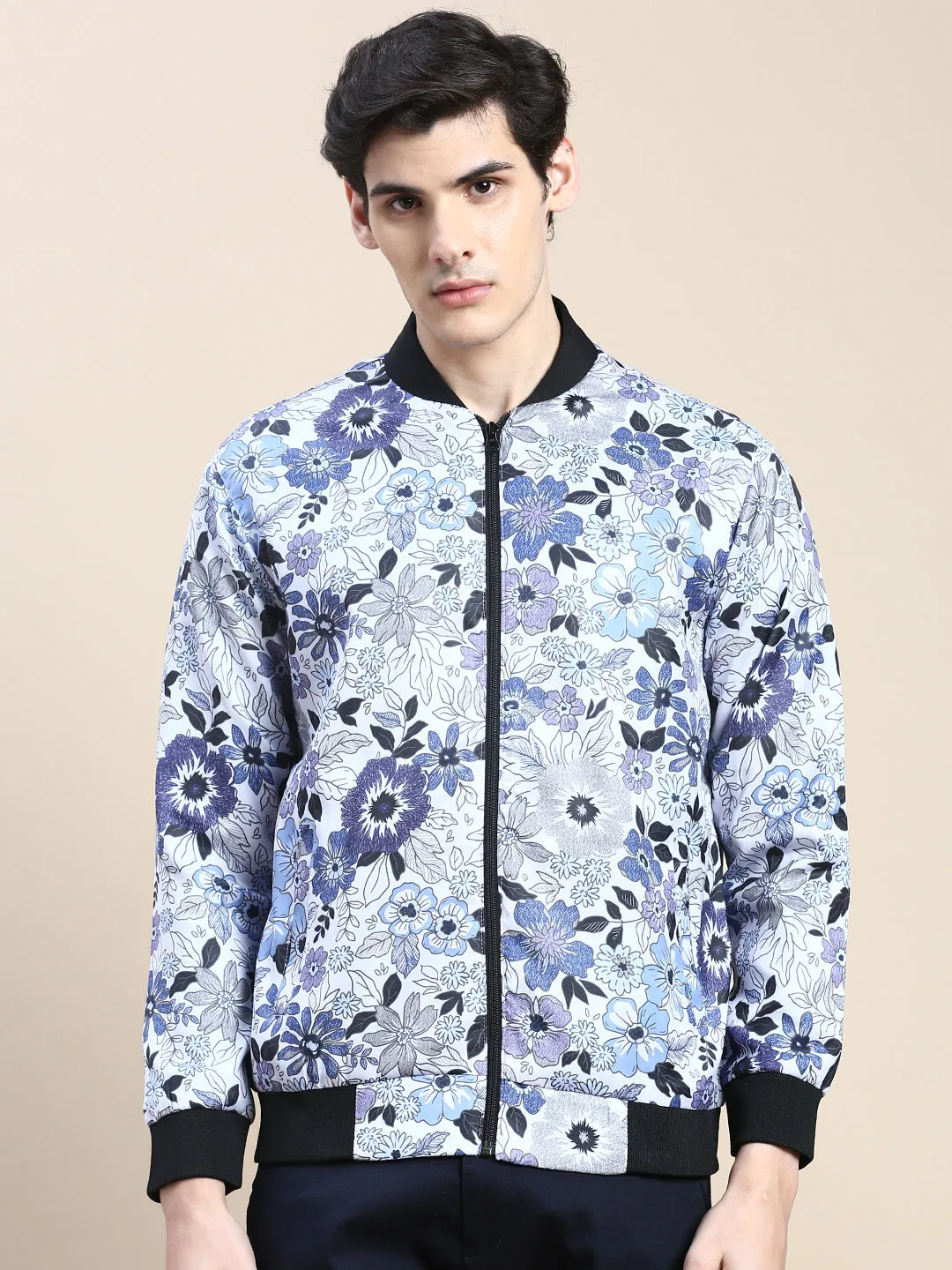 Men White Floral Casual Bomber Jacket