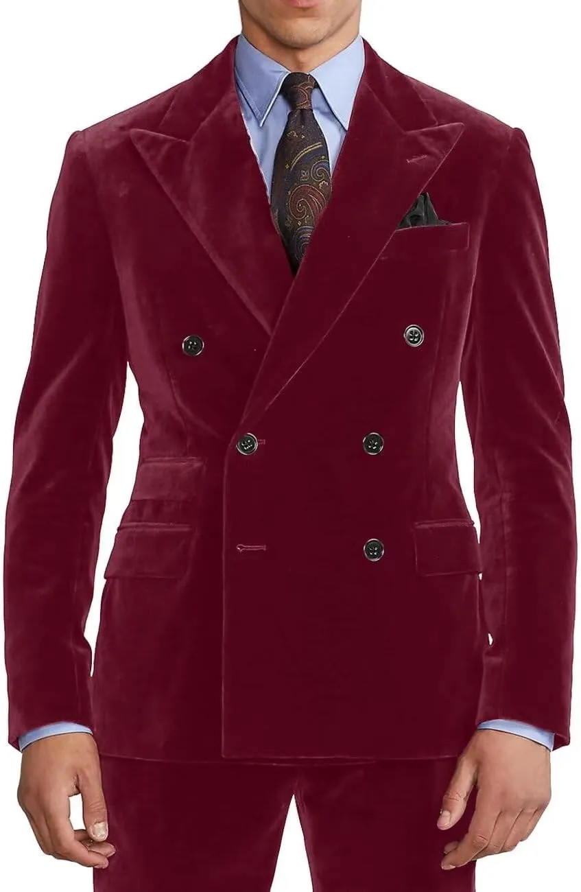 Men's 2 Piece Velvet Suits Slim Fit Double Breasted Suits Formal Wedding Prom Dinner Party Blazer Pants Set