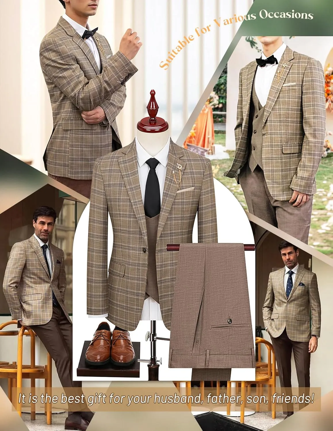 Mens 3 Pieces Plaid Suit Slim Fit Tuxedo Blazer Vest Pants for Wedding Prom Homecoming with Brooch Pin