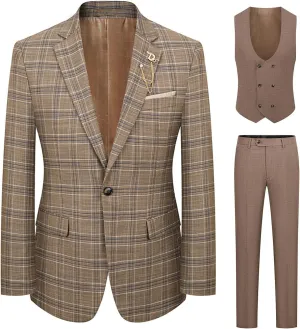 Mens 3 Pieces Plaid Suit Slim Fit Tuxedo Blazer Vest Pants for Wedding Prom Homecoming with Brooch Pin