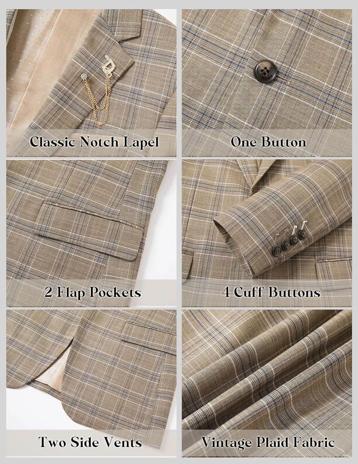 Mens 3 Pieces Plaid Suit Slim Fit Tuxedo Blazer Vest Pants for Wedding Prom Homecoming with Brooch Pin